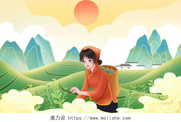 茶叶包装插画安徽白茶山间采摘的采茶女原创插画海报